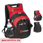 Red and black e-Learn backpack with multiple compartments, zippers, and mesh side pocket holding a water bottle. Includes smaller images of the backpack from different angles. A DISCONTINUED stamp is at the bottom.