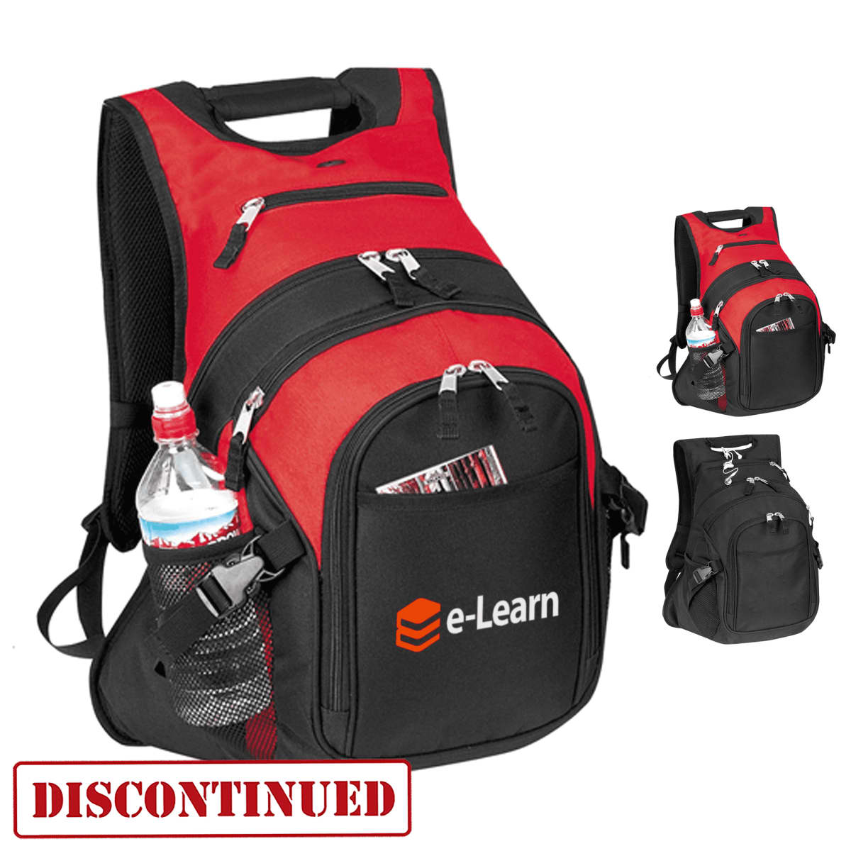 Red and black e-Learn backpack with multiple compartments, zippers, and mesh side pocket holding a water bottle. Includes smaller images of the backpack from different angles. A DISCONTINUED stamp is at the bottom.