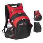 Red and black backpack with multiple compartments, zippers, and side pockets. A water bottle is in a mesh side pocket. The image shows different angles of the backpack.