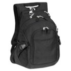 A black backpack with multiple zippered compartments and a mesh side pocket. The design includes padded shoulder straps and a handle at the top.