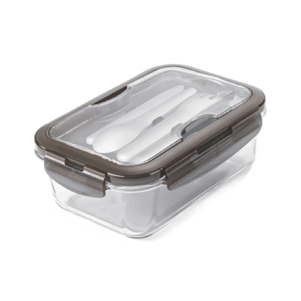 Custom Branded Sorted Lunch Box with clear lid and dark gray locking clips for storage.