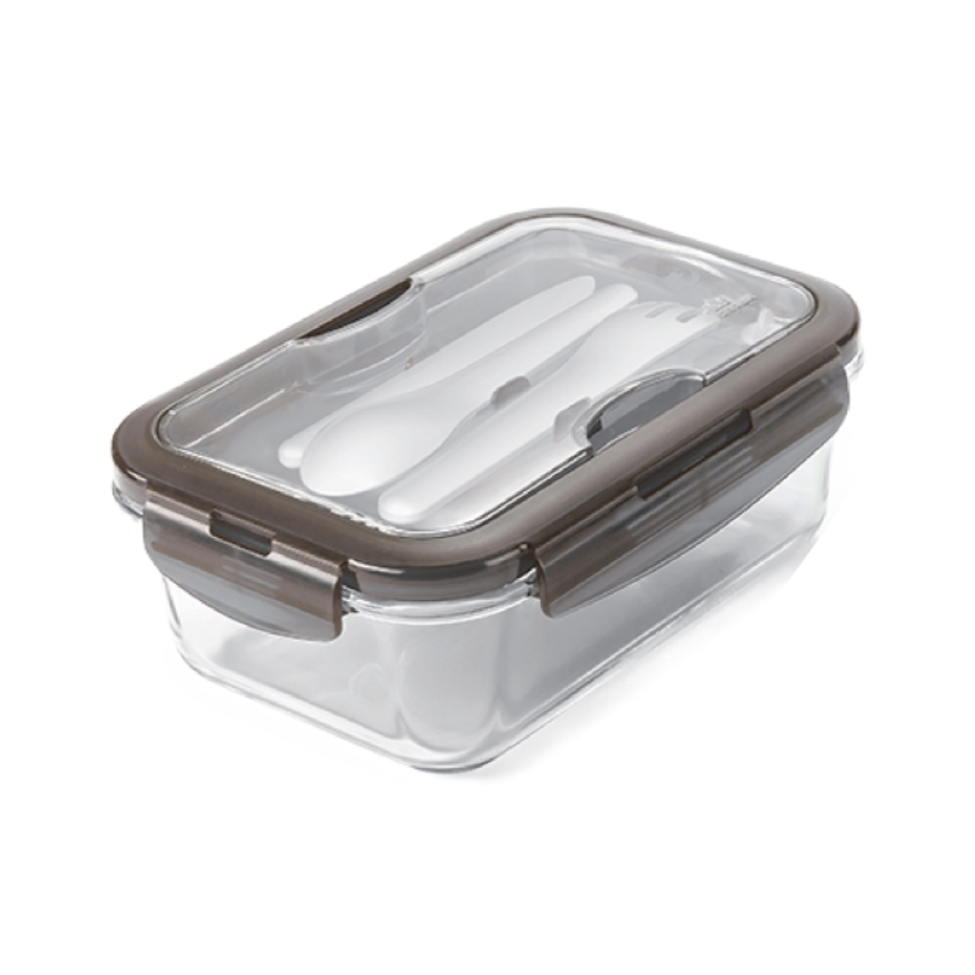 Custom Branded Sorted Lunch Box with clear lid and dark gray locking clips for storage.