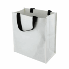 Eco-Friendly Paper Shopper Totes in white with black handles on a plain background.