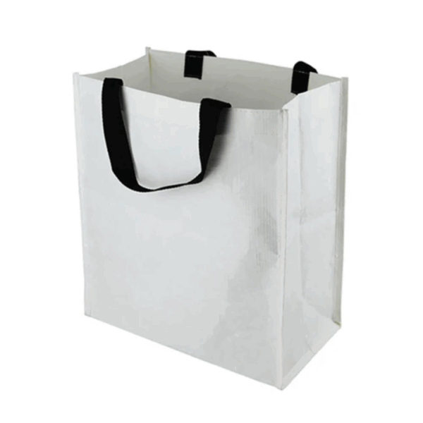 Eco-Friendly Paper Shopper Totes in white with black handles on a plain background.