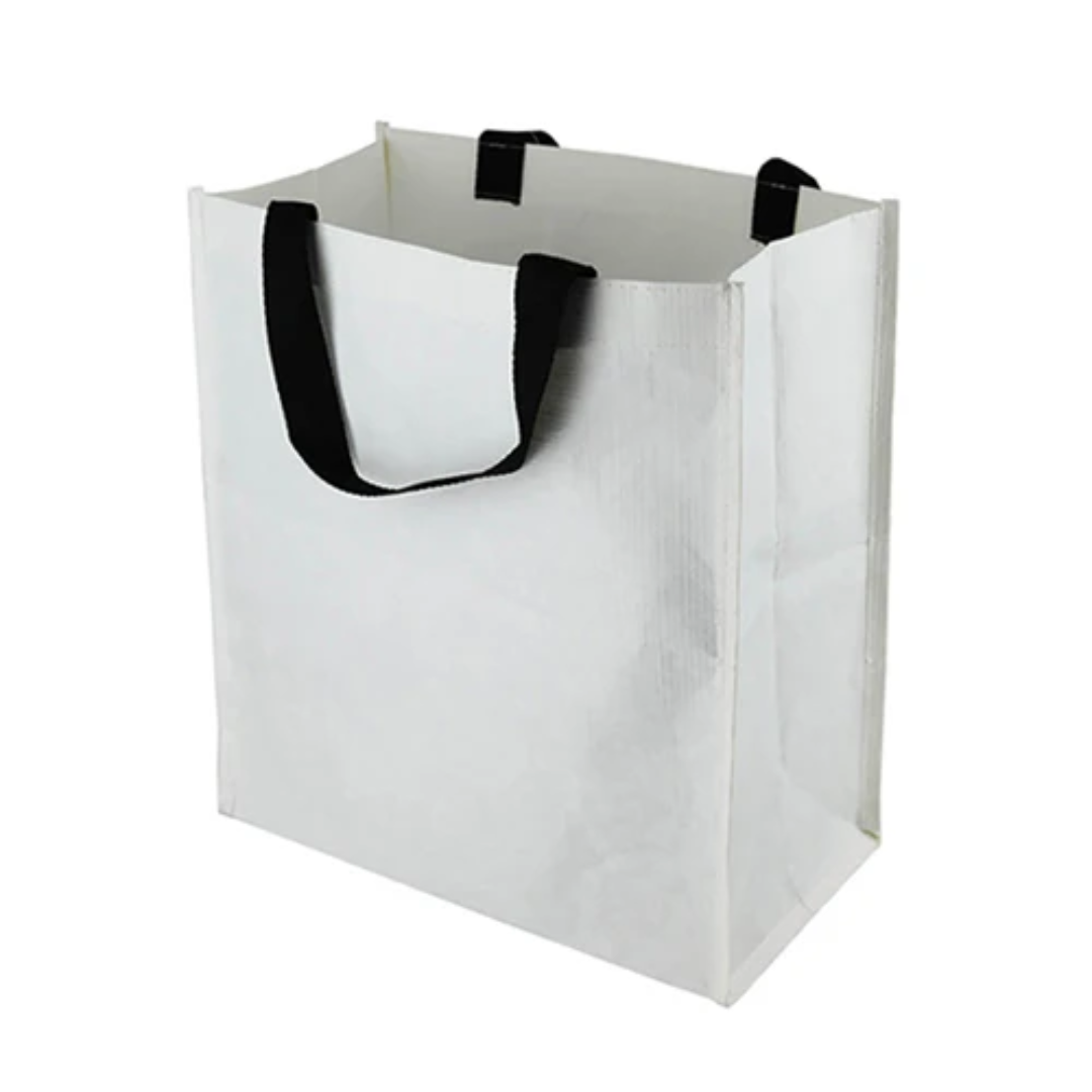 Eco-Friendly Paper Shopper Totes in white with black handles on a plain background.
