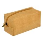 A rectangular brown paper pouch with a gold zipper on top. The pouch is standing upright, and the zipper is partially open, revealing the inside. The bag has a slightly textured surface.