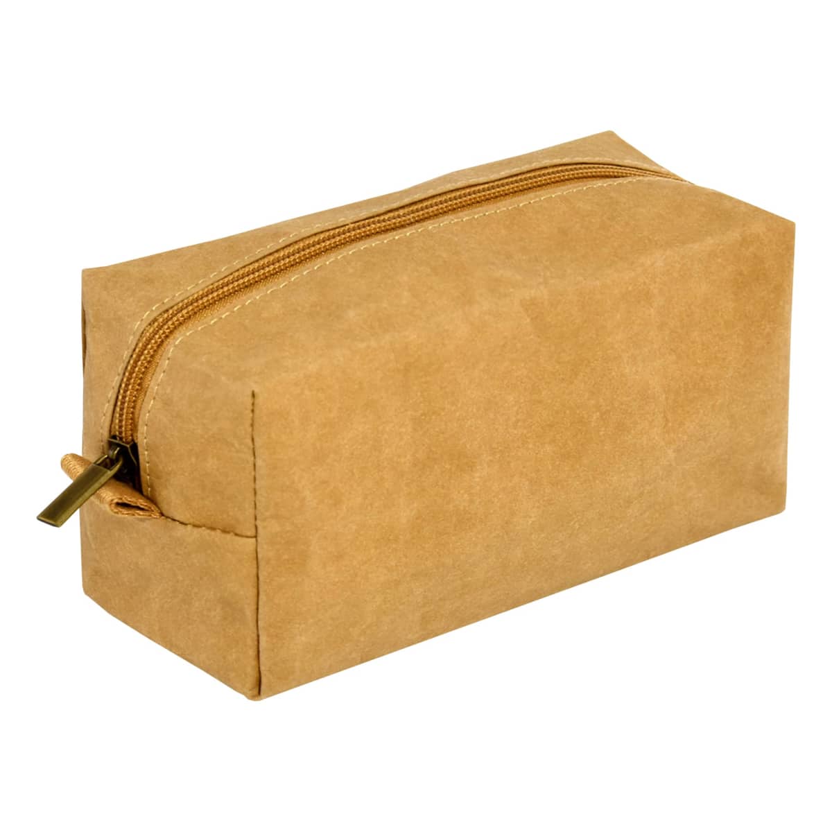 A rectangular brown paper pouch with a gold zipper on top. The pouch is standing upright, and the zipper is partially open, revealing the inside. The bag has a slightly textured surface.
