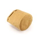 A round, brown paper bag or container lying on its side against a white background.