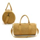 Tan duffel bag with handles and shoulder strap, shown from front and side angles.