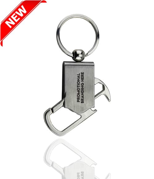 Metal keychain with clip, blank plate for branding, NEW label in top left corner.