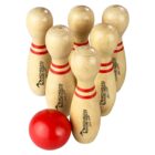 Six wooden bowling pins with red stripes and a red bowling ball in front.