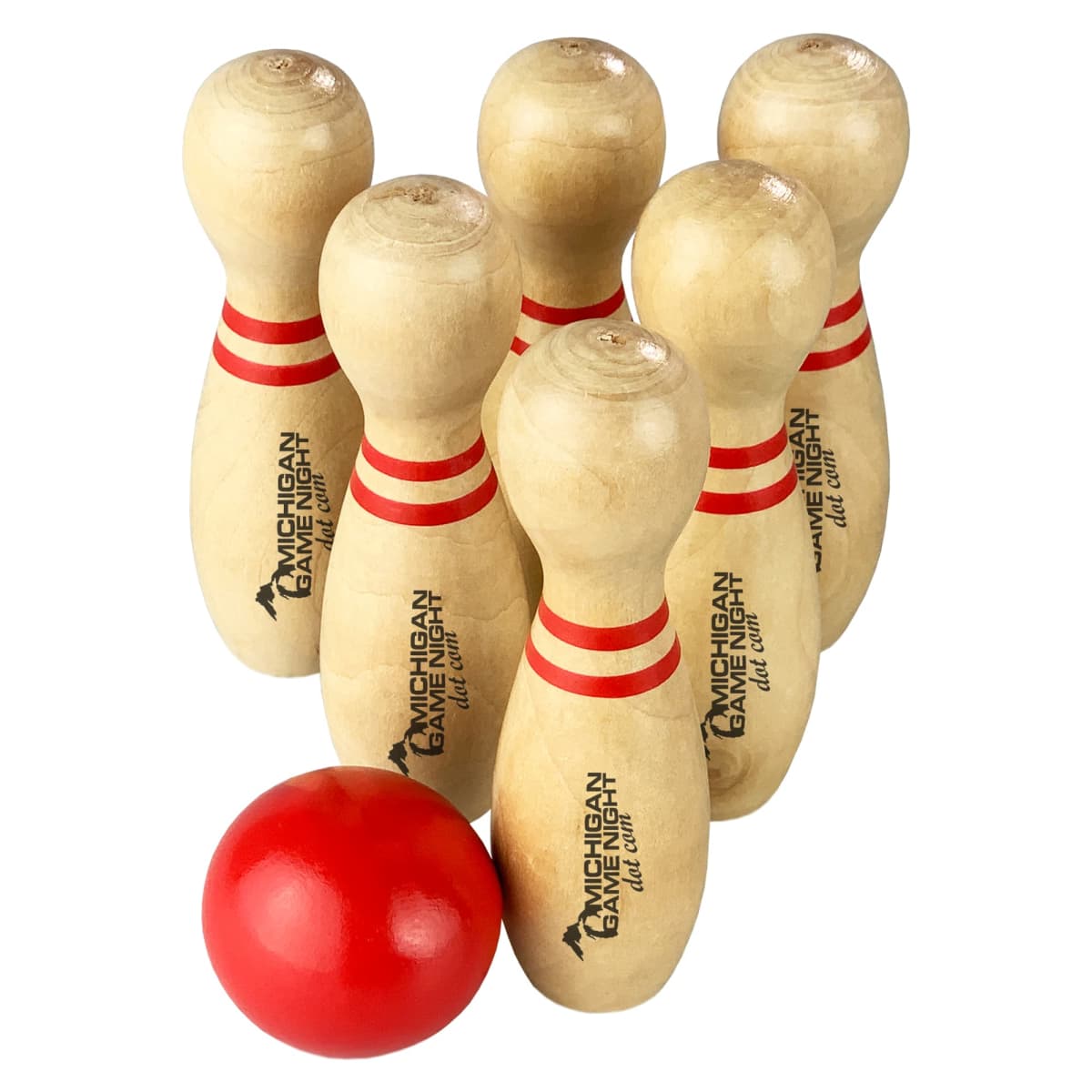 Six wooden bowling pins with red stripes and a red bowling ball in front.