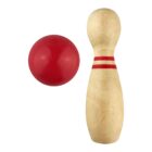 A red ball next to a wooden bowling pin with two red stripes on a white background.