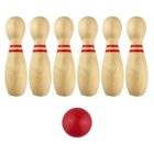 Six wooden bowling pins with red stripes and a red bowling ball in front.