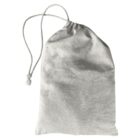 Plain white drawstring cloth bag with a single cord, lying flat on a white background.