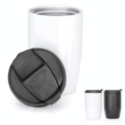 Modern 356ml Promotional Metal Cups with black lids, shown open and closed; ideal for promos.
