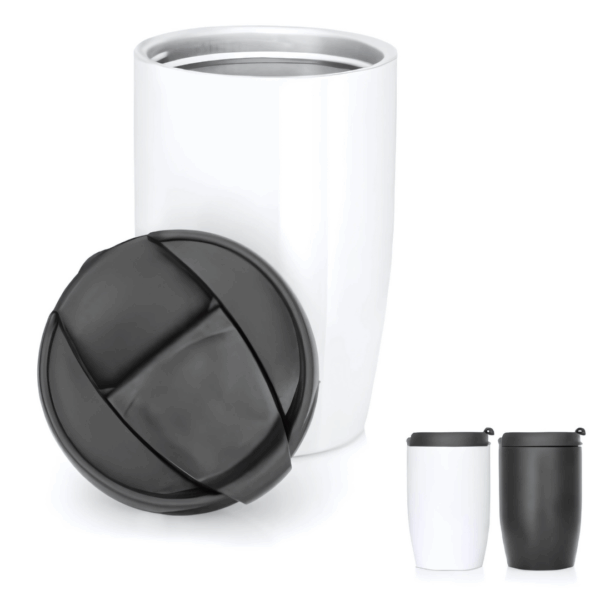 Modern 356ml Promotional Metal Cups with black lids, shown open and closed; ideal for promos.