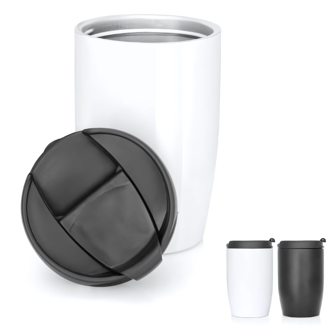 Modern 356ml Promotional Metal Cups with black lids, shown open and closed; ideal for promos.