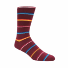 Authentic Promotional Swanky Socks in maroon with blue, yellow, and white stripes.