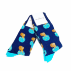 Authentic Promotional Swanky Socks, navy blue with cartoon dogs, turquoise toes and heels.