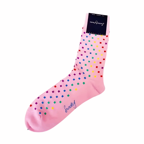 Authentic Promotional Swanky Socks in pink with a multicolored square pattern and dark label.