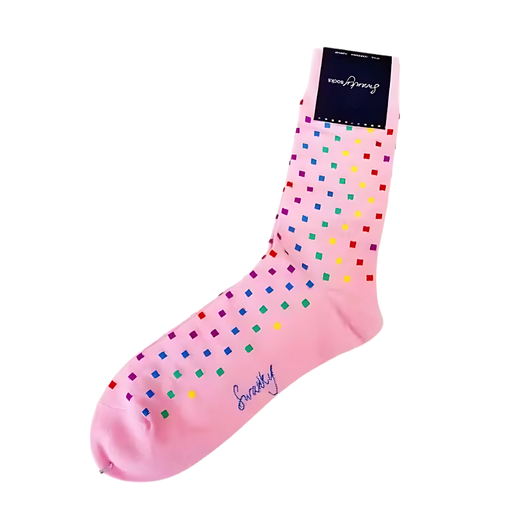 Authentic Promotional Swanky Socks in pink with a multicolored square pattern and dark label.