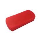 A closed Easy Use Logo Branded Pill Box, rectangular and red, on a white background.