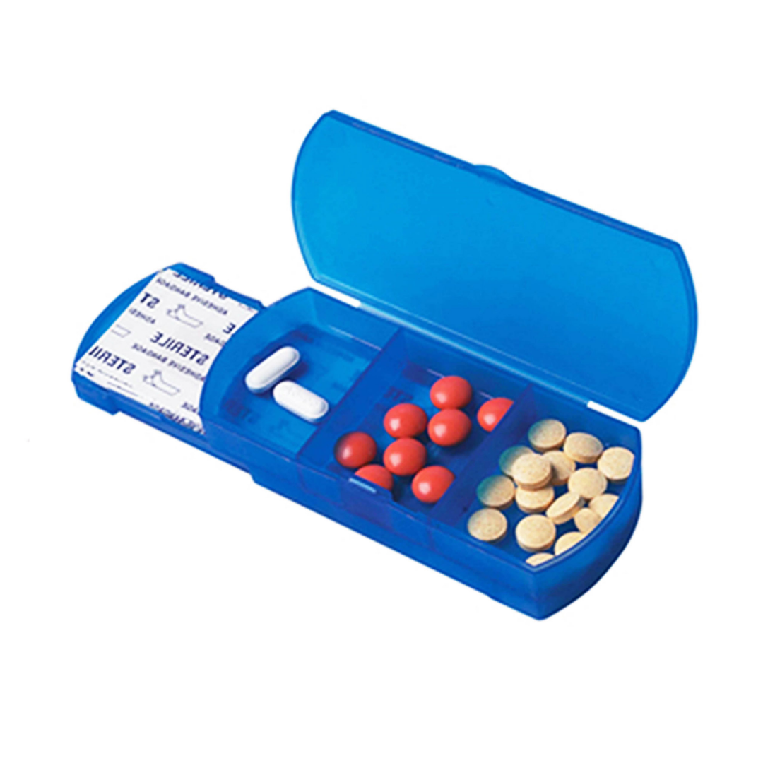 Easy Use Logo Branded Pill Boxes: Blue organizer with white, red, and yellow pill compartments.