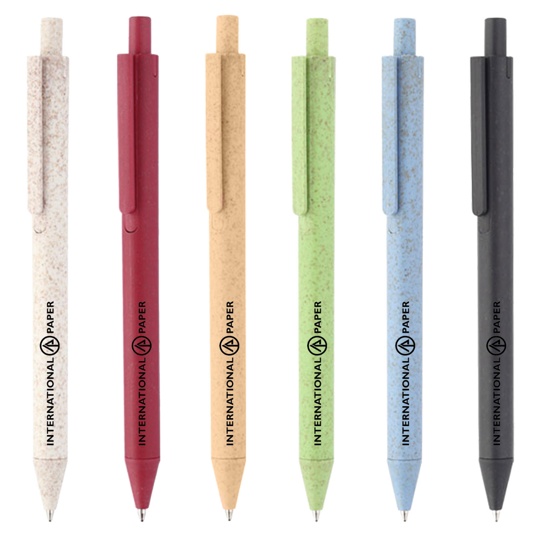 Six Event Branded Eco-Friendly Wheat Pens in assorted colors, each labeled INTERNATIONAL PAPER.