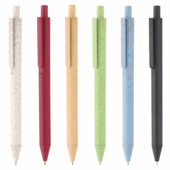 Six Event Branded Eco-Friendly Wheat Pens in white, red, yellow, green, blue, and black.