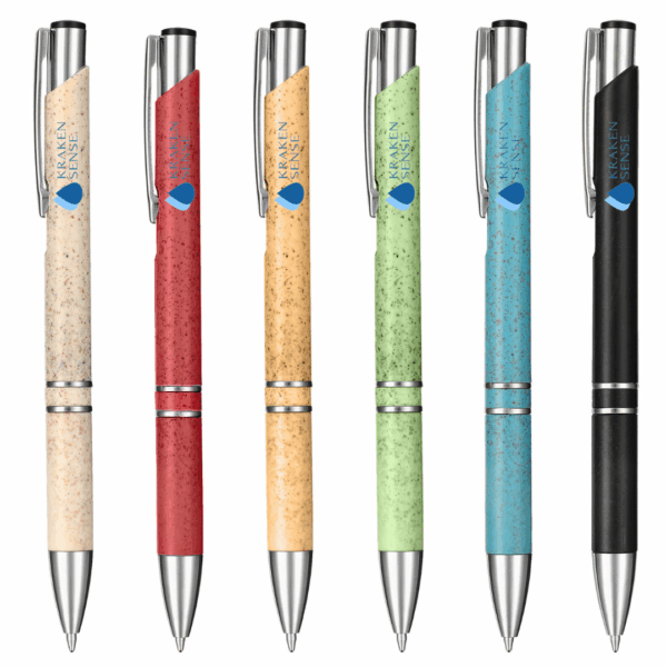 Six Madison Style Eco Pens in assorted colors with silver accents and blue logo on the clip.