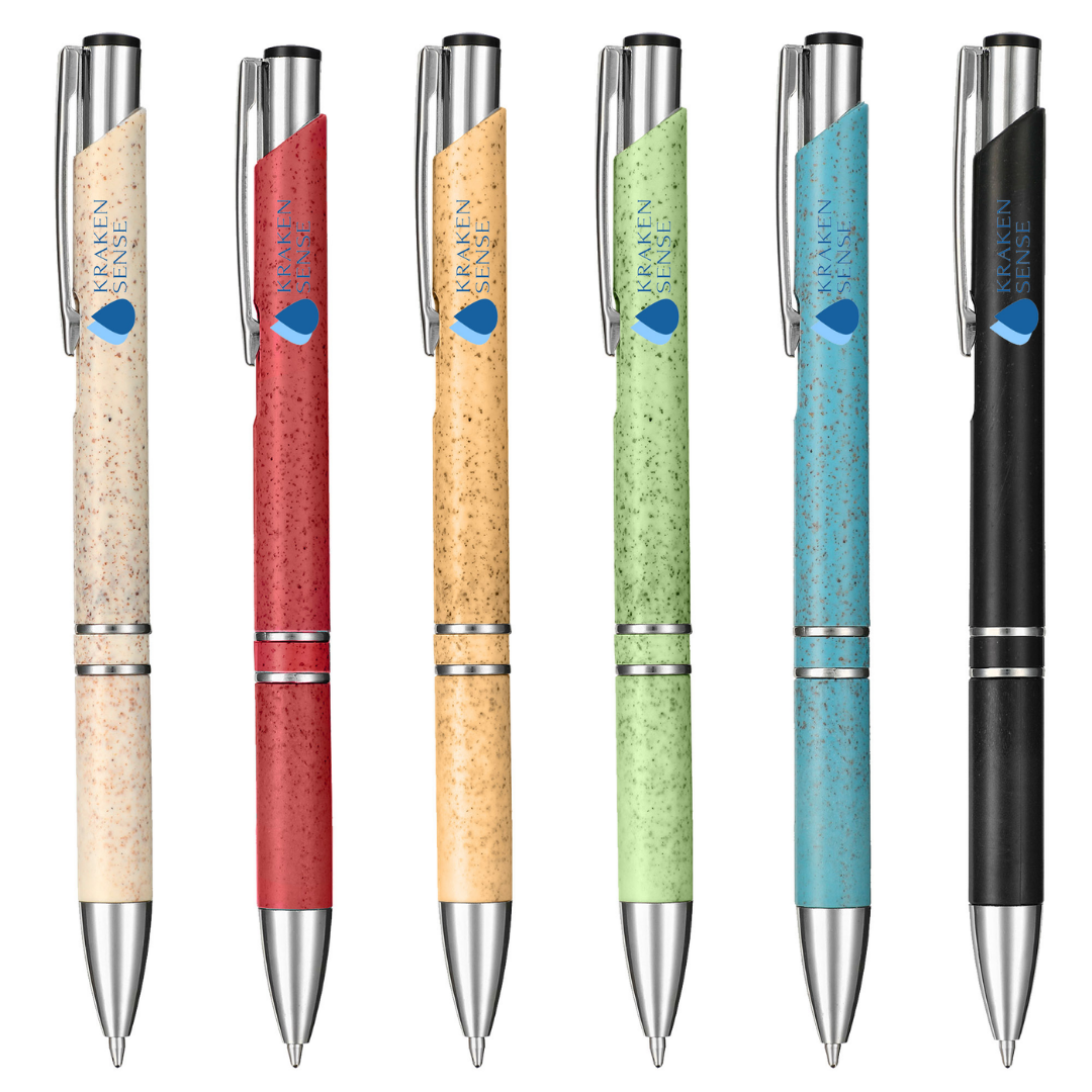 Six Madison Style Eco Pens in assorted colors with silver accents and blue logo on the clip.