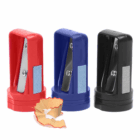 Three Promotional Sharpeners for Carpenters Pencils in red, blue, and black with shavings in front.