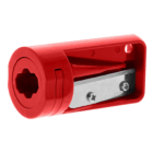 Promotional Sharpener for Carpenters Pencils: red plastic tool with blade and 2 screws.