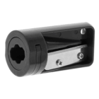 Black promotional carpenters pencils sharpener with metal blade and cylindrical design.
