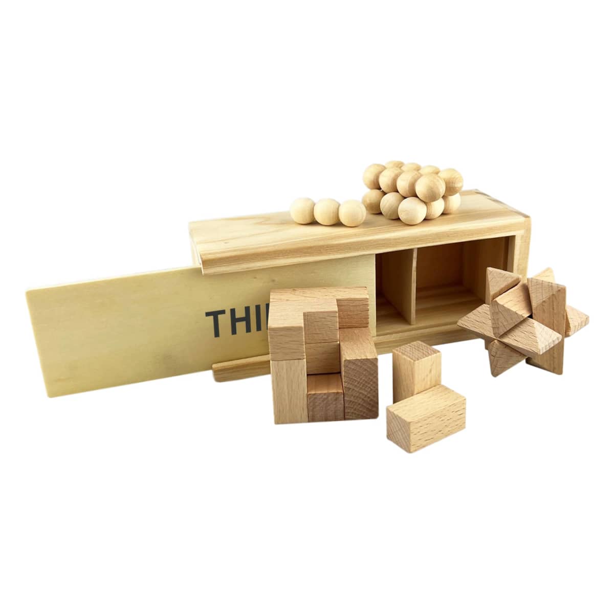 Wooden puzzle box set with various interlocking pieces, including geometric shapes and spheres, displayed outside an open box with THIN partially visible on the side.