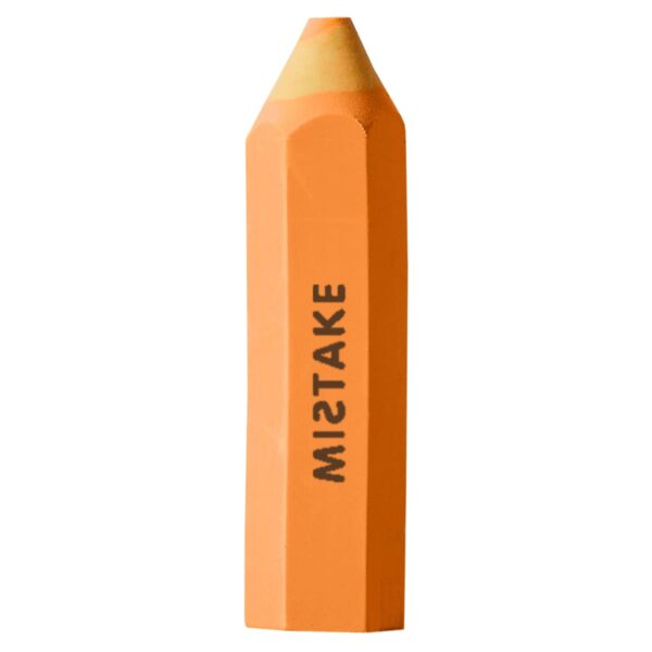An orange pencil-shaped eraser with the word MISTAKE printed in black text running vertically along its body against a white background.