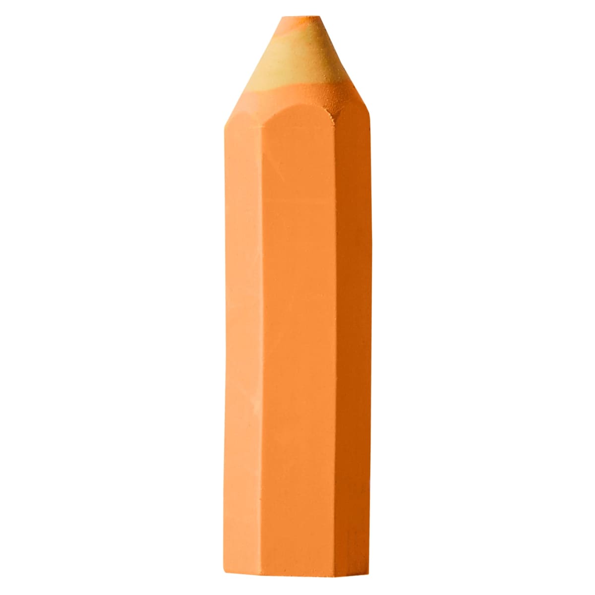 An orange pencil-shaped eraser with a flat bottom and pointed top, resembling the appearance of a sharpened pencil on a white background.