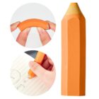 Three images show an orange pencil-shaped eraser. The first image displays hands bending the eraser. The second shows hands using it to erase pencil marks on paper. The third image features the eraser standing upright.