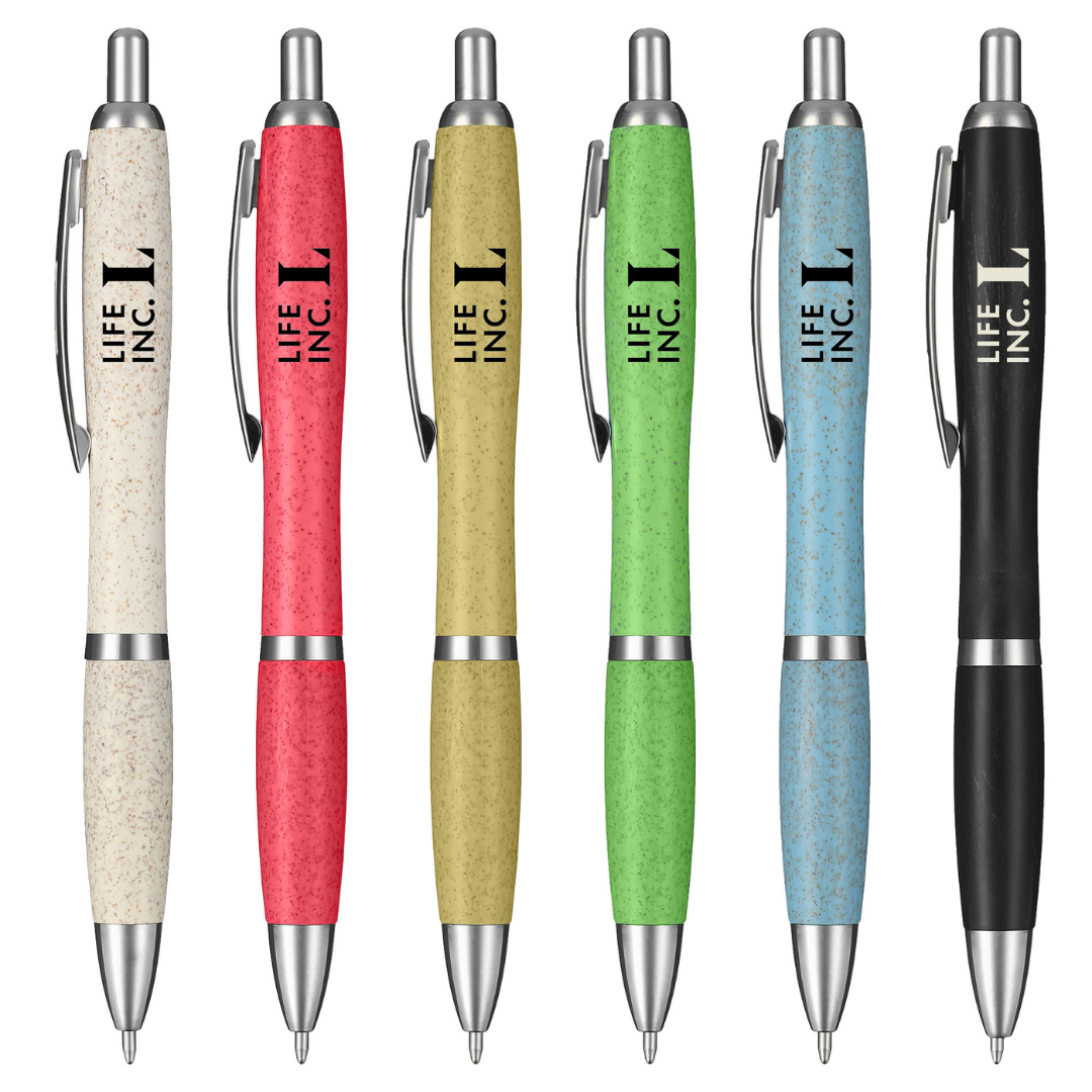 Set of six Recycled Wheat Stalk Pens Bulk Branded, assorted colors, LIFE INC. L on barrel.