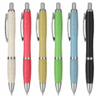 Six Recycled Wheat Stalk Pens Bulk Branded in beige, red, yellow, green, blue & black, vertical.