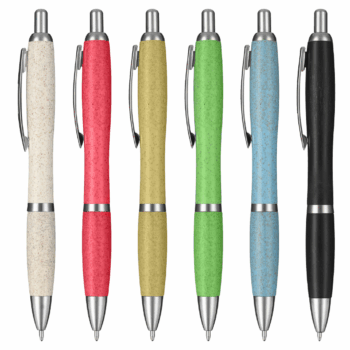 Six Recycled Wheat Stalk Pens Bulk Branded in beige, red, yellow, green, blue & black, vertical.
