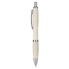 Recycled Wheat Stalk Pens Bulk Branded in beige and silver with metal clip, eco-friendly.