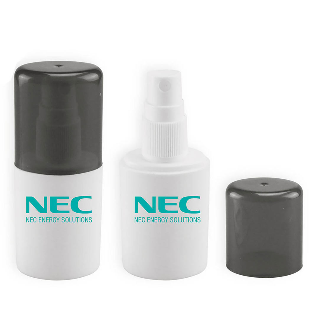 Two 30ml Logo Decorated Hand Sanitiser Sprays, one uncapped, with NEC ENERGY SOLUTIONS logo.