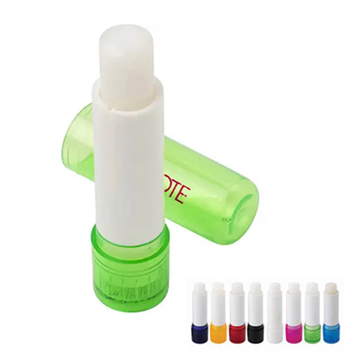 A clear glue stick with a green cap beside various colored caps.