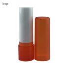 Orange and white empty lip balm container with cap removed.