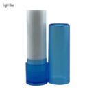 Light blue lip balm tube with its cap removed, showing the white balm inside.