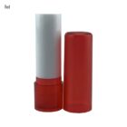 Red lipstick tube with cap removed, standing upright.