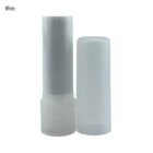 White lip balm tube with cap removed, standing upright.