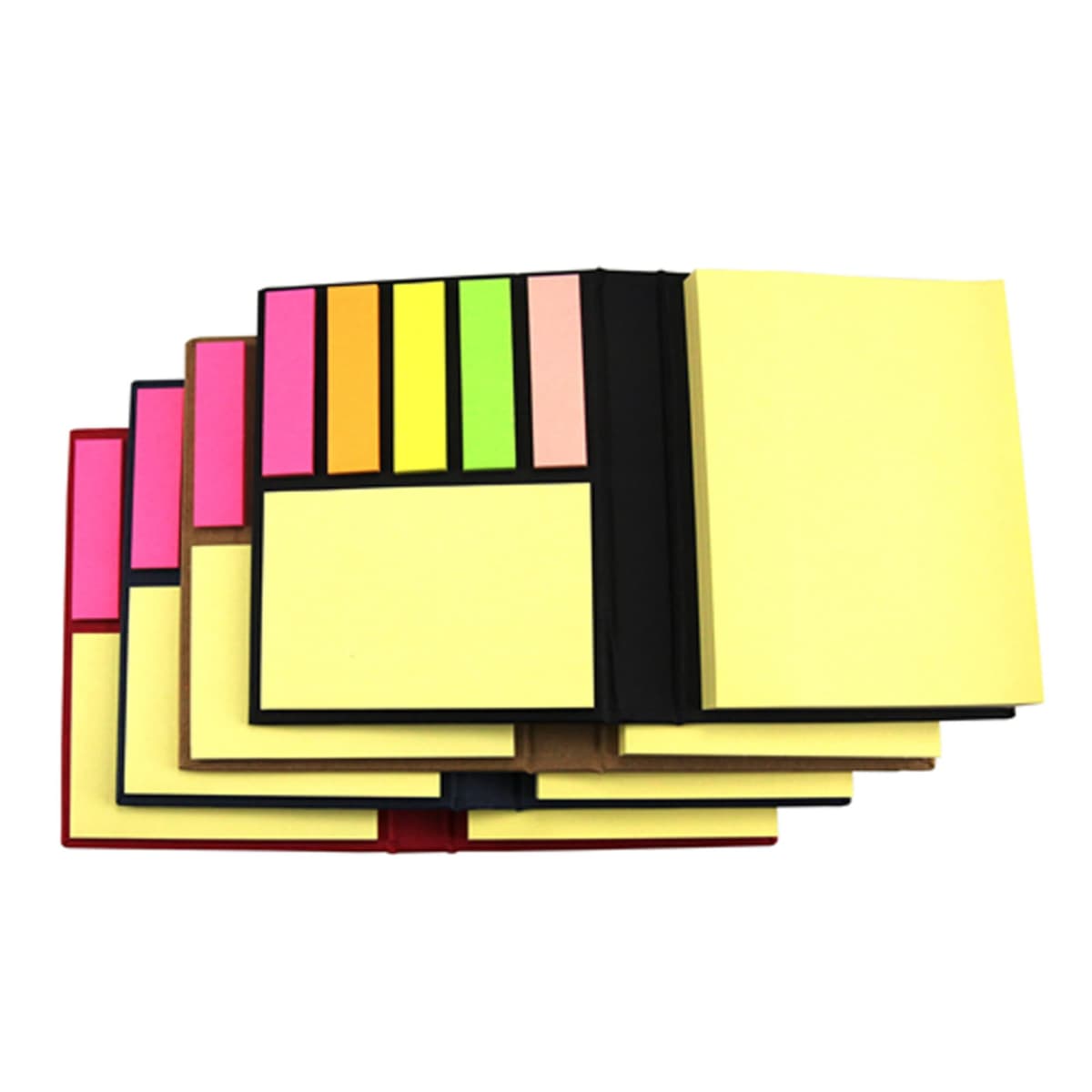 Colorful sticky note pads with various shapes and sizes stacked on top of each other.